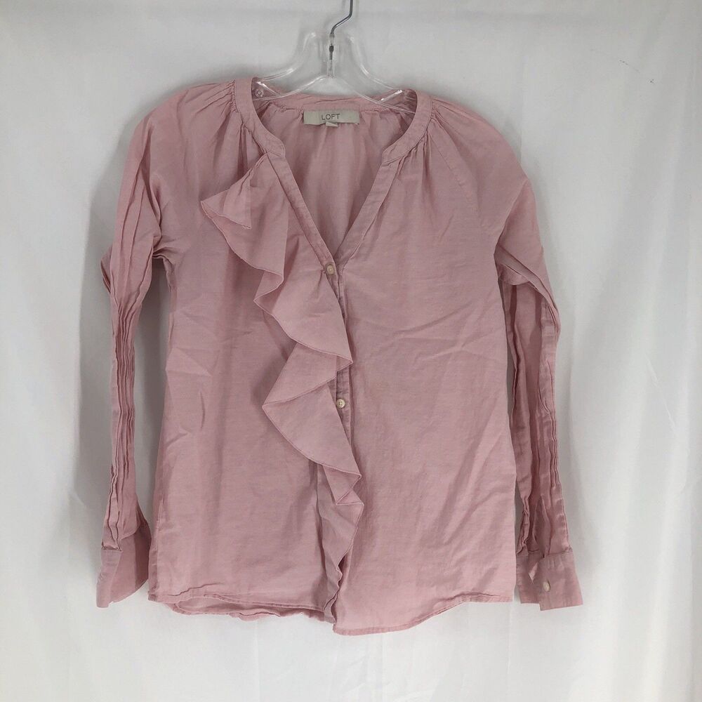 LOFT Pink Ruffle Button Blouse V-Neck Size XS